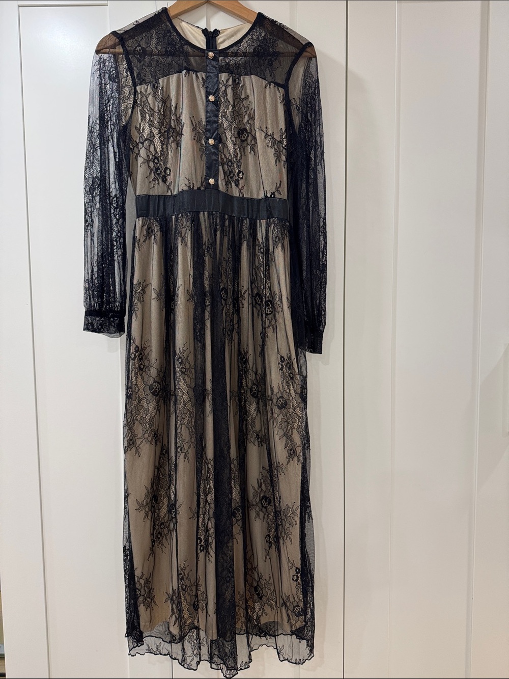 Elegant Black Lace Overlay Maxi Dress in Beige